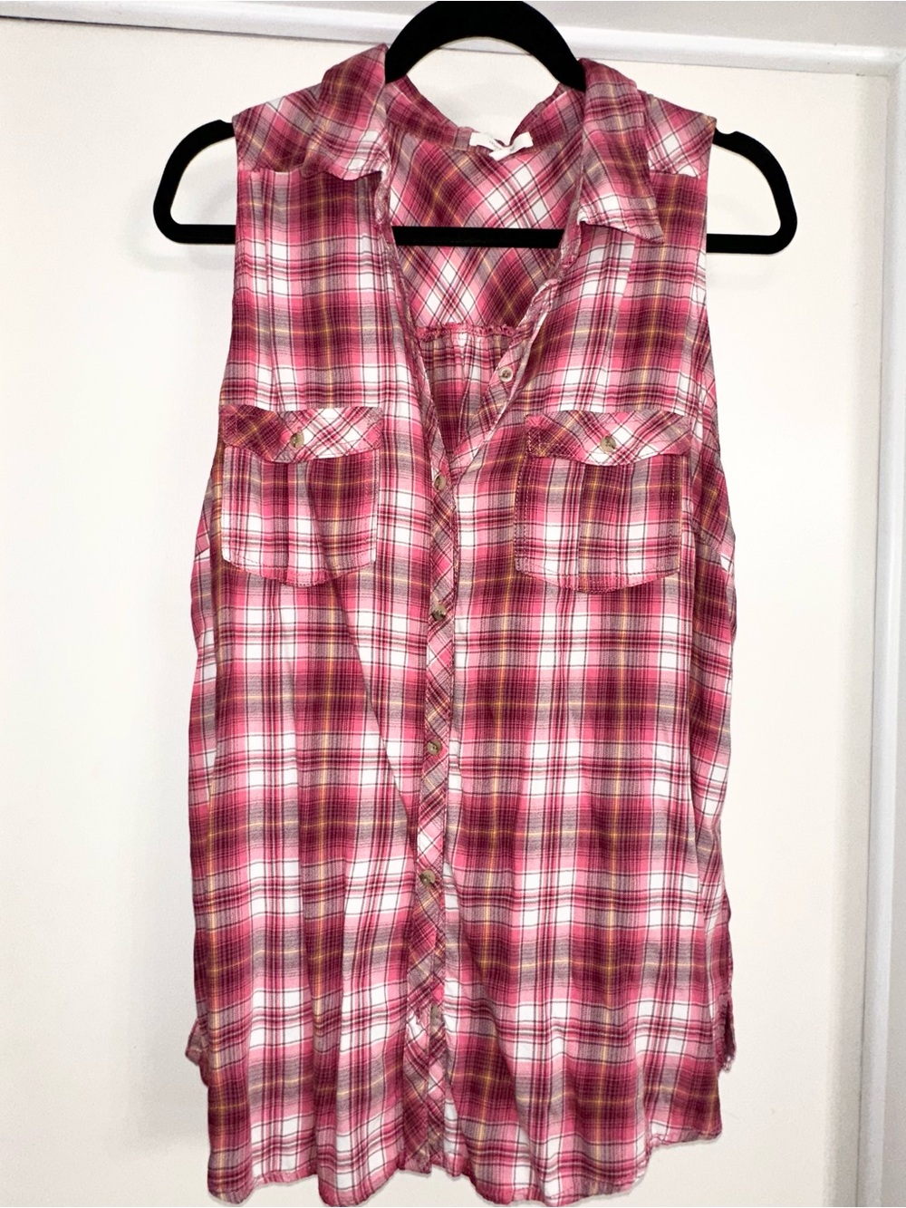 Pink Plaid Sleeveless Collared Button Up Top